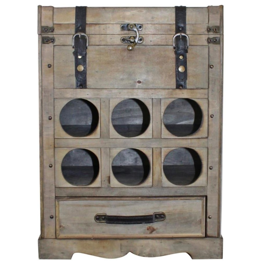 Kitchen & Dining Carousel Shop | Large Vintage Wooden 6 Bottle Wine Rack Storage Trunk Box Chest Unit