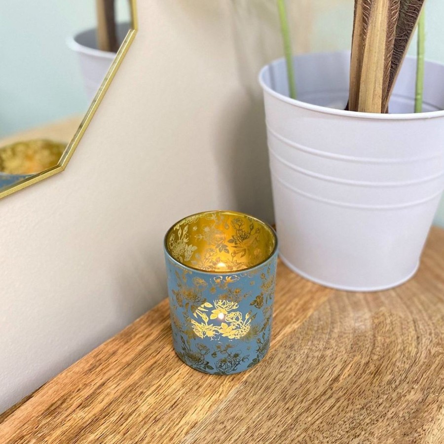 Home Accessories Carousel Shop Candlesticks, Holders & Lanterns | Botanical Love Tealight Holder | Blue & Gold Floral Tea Light Candle Holder