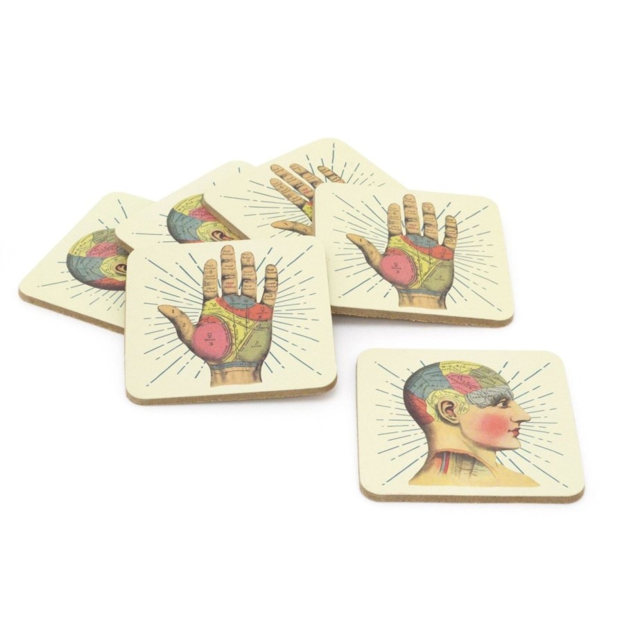 Kitchen & Dining Carousel Shop | Set Of 6 Phrenology Palmistry Coasters | Novelty Drinks Coasters Set | Mugs Glasses Cups Table Mats