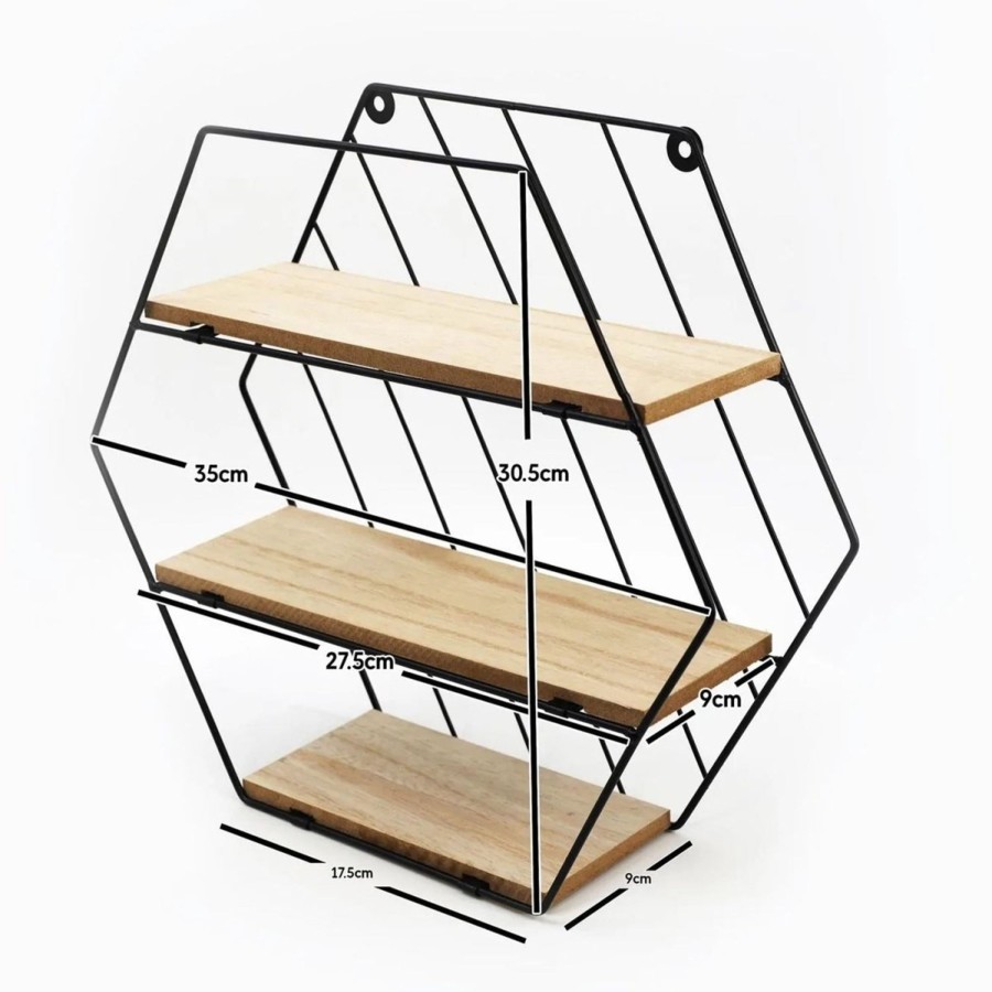 Home Accessories Carousel Shop Shelving & Hooks | Modern Black Metal Wire Hexagon Wall Shelf | Wall Mounted Multi Shelf Storage Organiser Unit | Wall Display Unit 3 Tier Shelving Unit Shelves For Wall