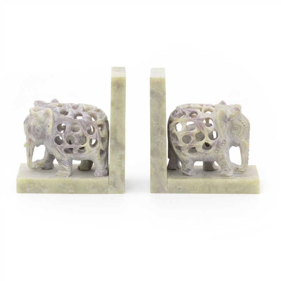 Home Accessories Carousel Shop Decorative Accessories | Pair Of Hand Carved Soapstone Indian Elephant Bookends | Handmade Safari Animal Book Ends For Shelves | Set Of 2 Novelty Animal Bookends