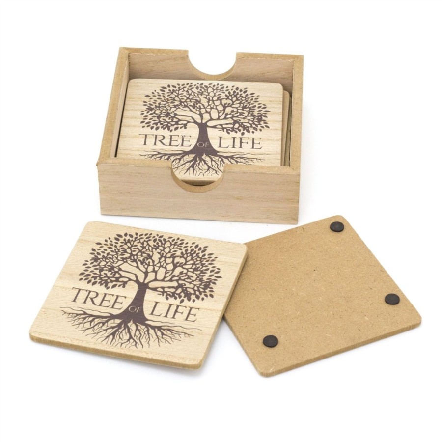 Kitchen & Dining Carousel Shop | Set Of 6 Tree Of Life Wooden Coasters | Family Coasters With Holder Cup Mug Table Mats | Wood Drinks Coaster Set