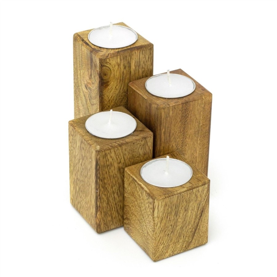 Celebrations Carousel Shop | Rustic Set Of 4 Mango Wood Square Tea Light Holders With Votive Candles