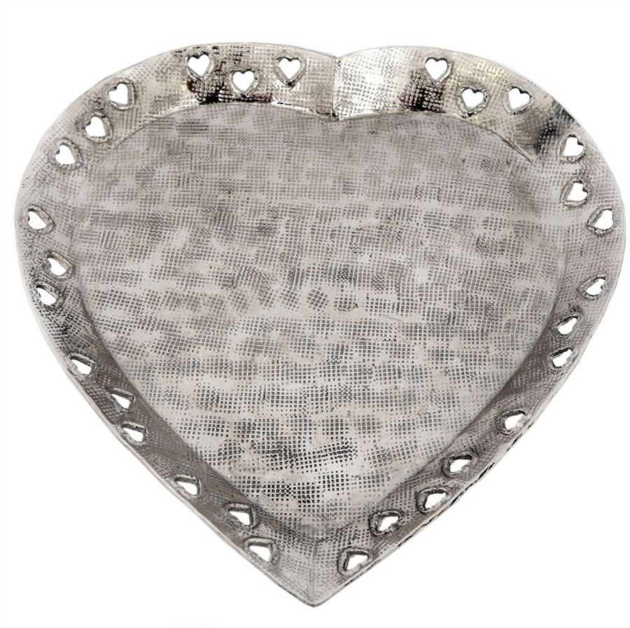 Home Accessories Carousel Shop Decorative Accessories | Stylish Decorative Silver Metal Cut Out Heart Dish With Hammered Detail ~ Perfume Jewellery Dish