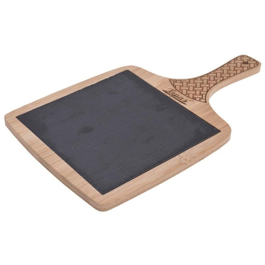 Kitchen & Dining Carousel Shop | Square Wood And Natural Slate Serving Platter Tapas Board | Slate Serving Tray Wooden Grazing Board Slate | Cheese Board Snack Serving Board