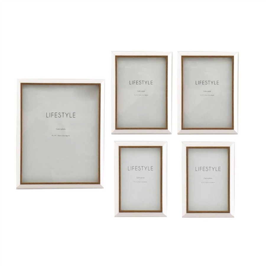 Home Accessories Carousel Shop Photo Frames | 5-Piece Natural White Photo Frame Set | Wooden Wall Mounted Multi Picture Frames