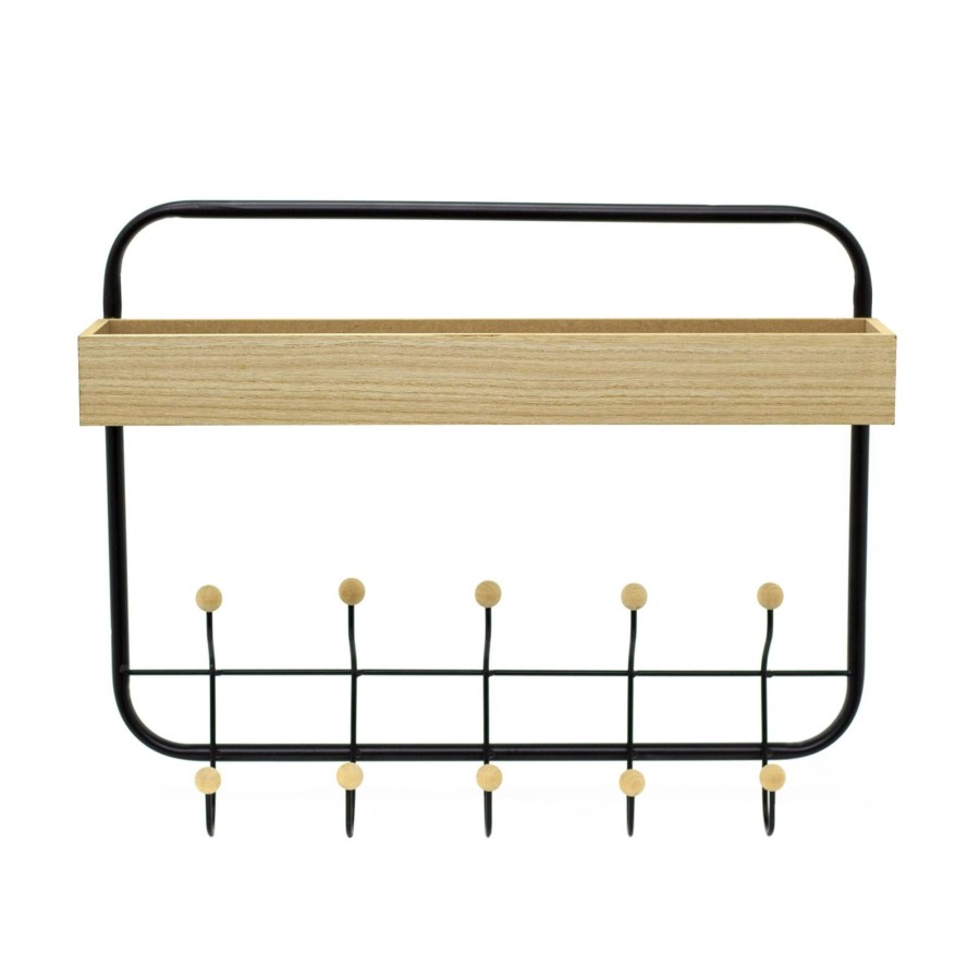 Home Accessories Carousel Shop Shelving & Hooks | Wooden Wall Hanging Shelf With 5 Coat Hooks | Wall Mounted Hallway Coat Rack