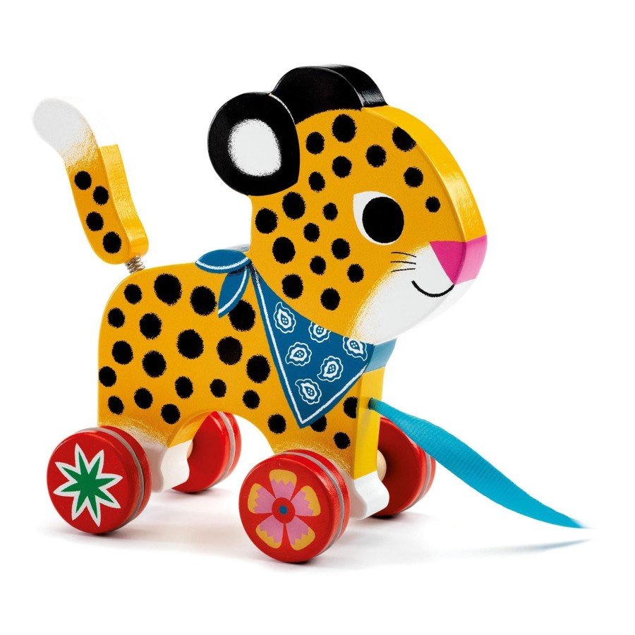 Baby & Child Carousel Shop Djeco | Djeco Dj06220 Greta Leopard Wooden Pull Along Toy | Push And Pull Along Toy