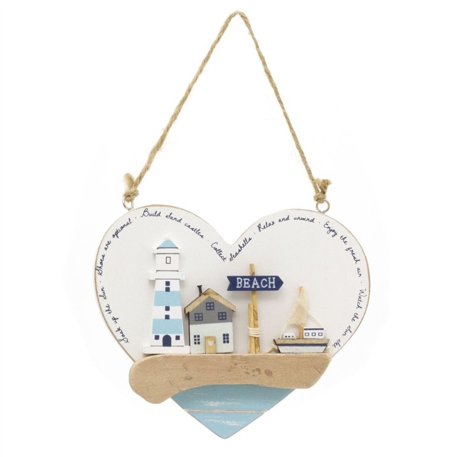 Home Accessories Carousel Shop Signs & Plaques | Heart-Shaped Seashore Plaque | Decorative Nautical Wall Art Beach Sign - 16Cm