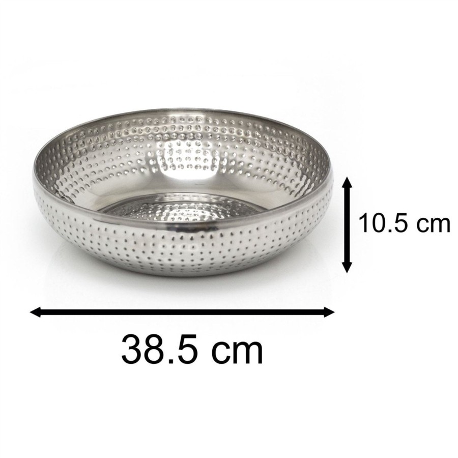 Kitchen & Dining Carousel Shop | 38Cm Extra Large Stainless Steel Kitchen Fruit Bowl | Round Silver Display Bowl With Hammered Detail | Multi-Purpose Serving Bowl Salad Bowl Decorative Bowl