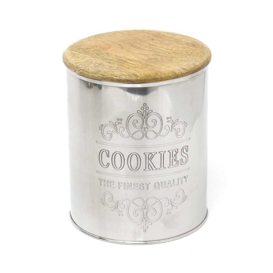 Kitchen & Dining Carousel Shop | Retro Style Stainless Steel Cookies Canister | Biscuit Tin With Wooden Lid