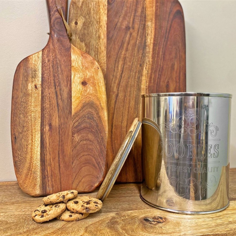 Kitchen & Dining Carousel Shop | Retro Style Stainless Steel Cookies Canister | Biscuit Tin With Wooden Lid