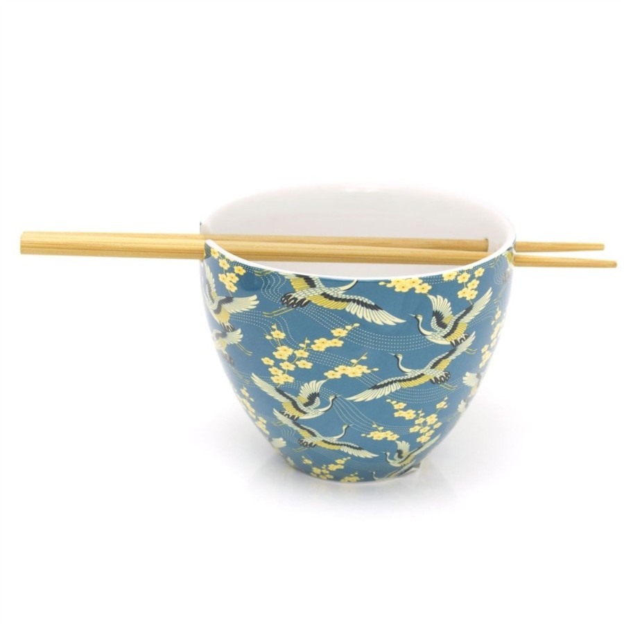 Kitchen & Dining Carousel Shop | Ceramic Oriental Chinese Dinner Japanese Dining Bowl And Bamboo Chopstick Set - Blue