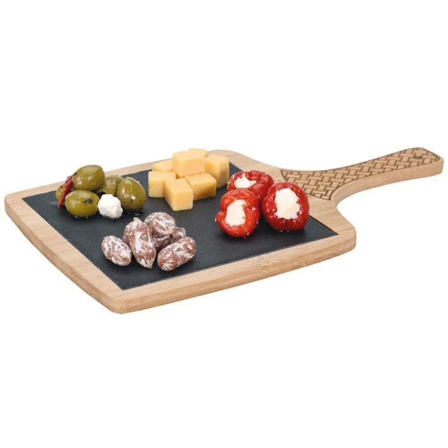 Kitchen & Dining Carousel Shop | Square Wood And Natural Slate Serving Platter Tapas Board | Slate Serving Tray Wooden Grazing Board Slate | Cheese Board Snack Serving Board