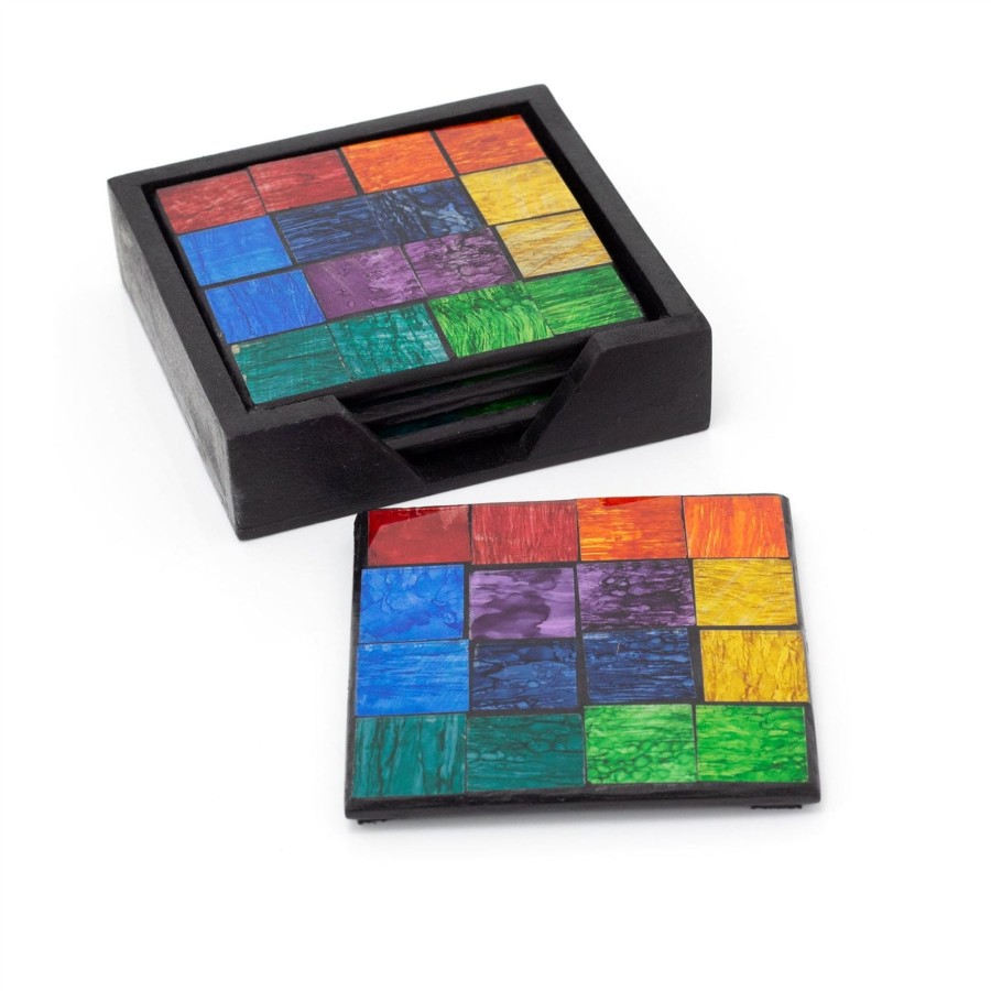 Kitchen & Dining Carousel Shop | Rainbow Mosaic Set Of 4 Coasters And Holder | Square Coasters With Holder Cup Mug Table Mats | Handmade 4 Piece Drinks Coaster Set