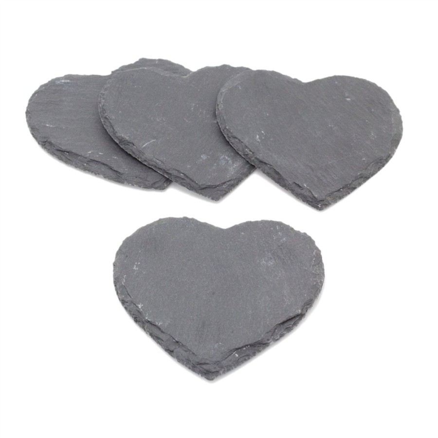 Kitchen & Dining Carousel Shop | Set Of 4 Natural Slate Heart Coasters | Stylish Slate Drinks Coaster Set | Love Heart Cup Mug Table Mats