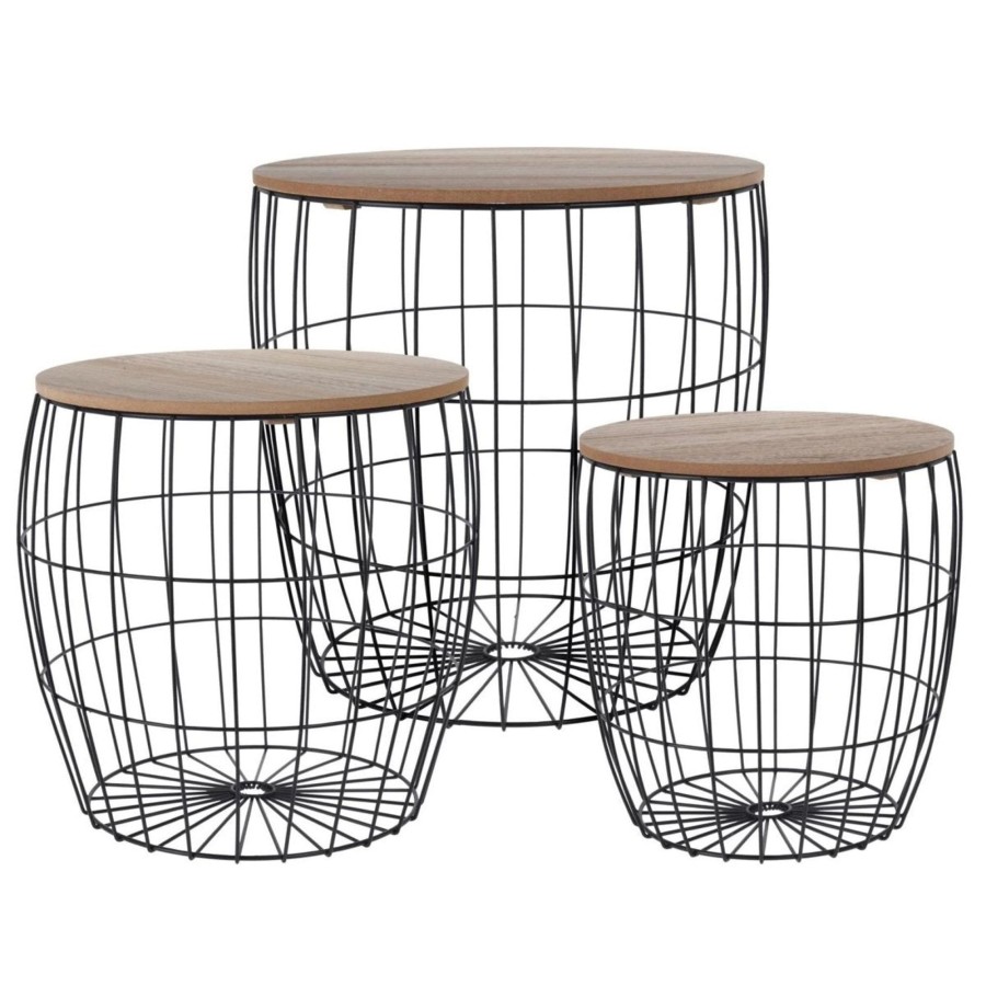 Home Accessories Carousel Shop Side Tables | Set Of 3 Round Black Metal Side Tables | Wooden Top Storage Basket End Tables