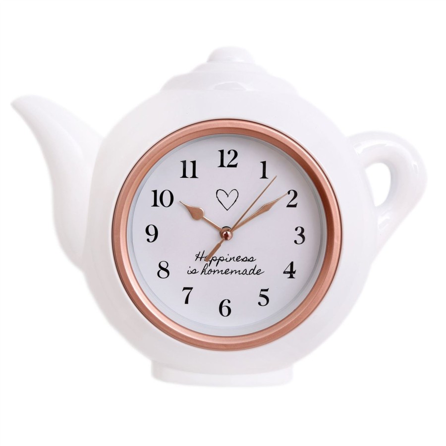 Home Accessories Carousel Shop Clocks | White And Rose Gold Teapot Shaped Kitchen Clock | Modern Wall Mounted Analogue Kettle Wall Clock | 'Happiness Is Homemade' - 28Cm