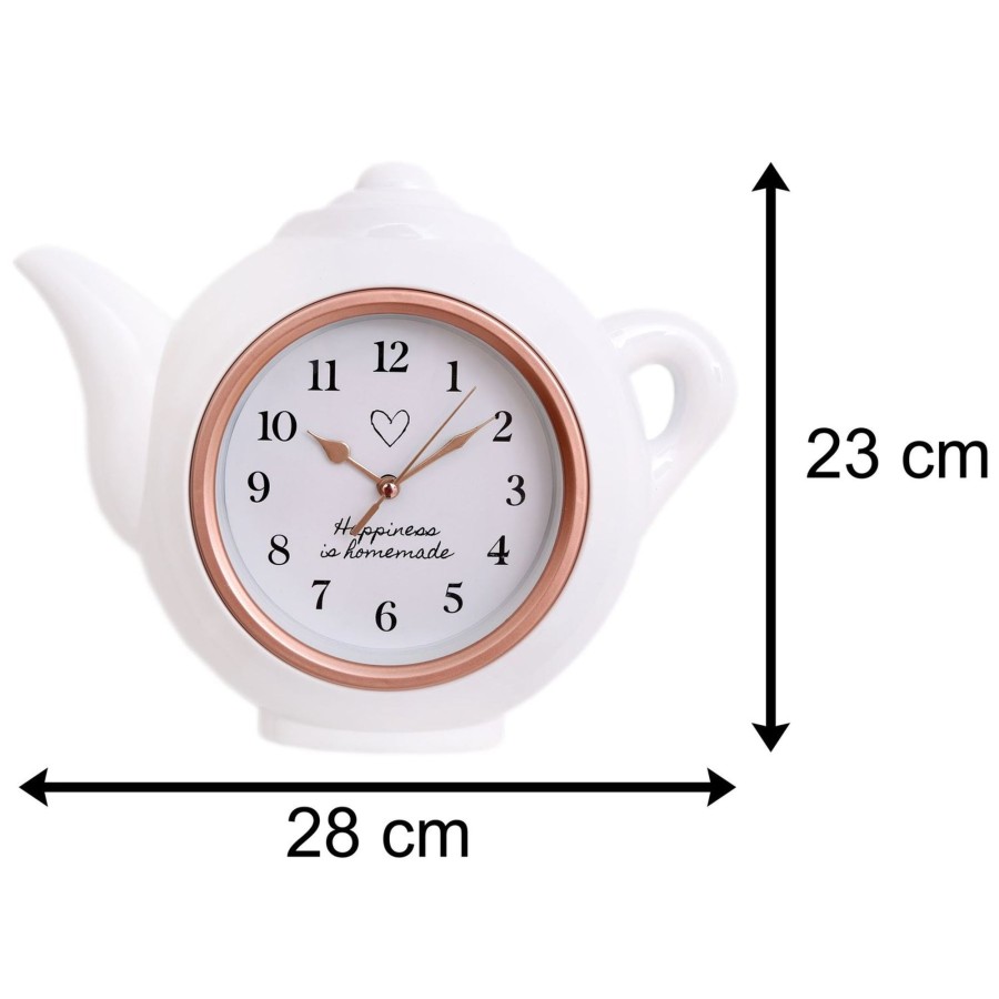 Home Accessories Carousel Shop Clocks | White And Rose Gold Teapot Shaped Kitchen Clock | Modern Wall Mounted Analogue Kettle Wall Clock | 'Happiness Is Homemade' - 28Cm