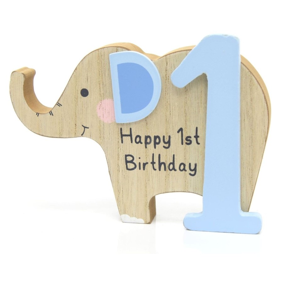 Baby & Child Carousel Shop Room Decor & Storage | Adorable Wooden Elephant 1St Birthday Block Plaque ~ Blue