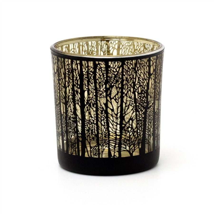 Home Accessories Carousel Shop Candlesticks, Holders & Lanterns | 8Cm Beautiful Woodland Design Decorative Tea Light Candle Holder | Round Glass Black And Gold Tree Tealight Candle Holder | Candle Lanterns Candle Gifts