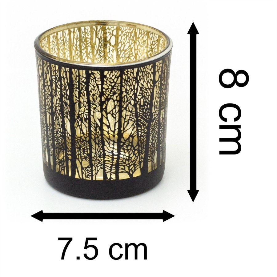 Home Accessories Carousel Shop Candlesticks, Holders & Lanterns | 8Cm Beautiful Woodland Design Decorative Tea Light Candle Holder | Round Glass Black And Gold Tree Tealight Candle Holder | Candle Lanterns Candle Gifts