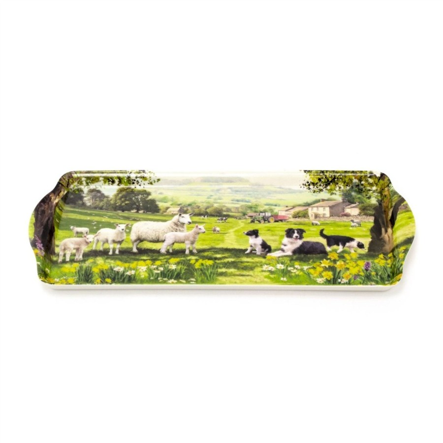 Kitchen & Dining Carousel Shop | 38Cm Farmhouse Country Collie & Sheep Carry Tray | Rectangle Serving Tray With Handles Serving Tray | Melamine Country Kitchen Tea Coffee Tray