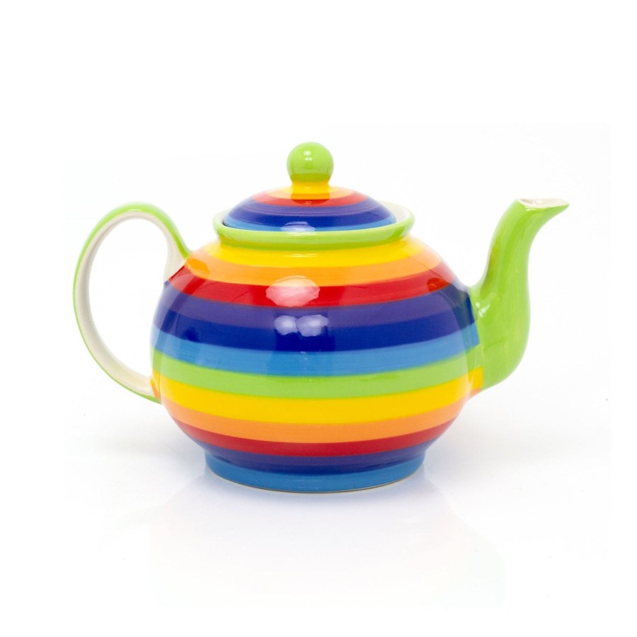 Kitchen & Dining Carousel Shop | Hand Painted Rainbow Stripe Ceramic Large Teapot | 1 Litre Striped 4 Cups Tea Pot | Multicoloured Traditional Teapot