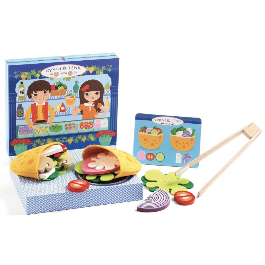 Baby & Child Carousel Shop Pretend Play | Djeco Dj05500 Cyrus & Lena'S Make Pittas With A Menu Cooking Pretend Play Set