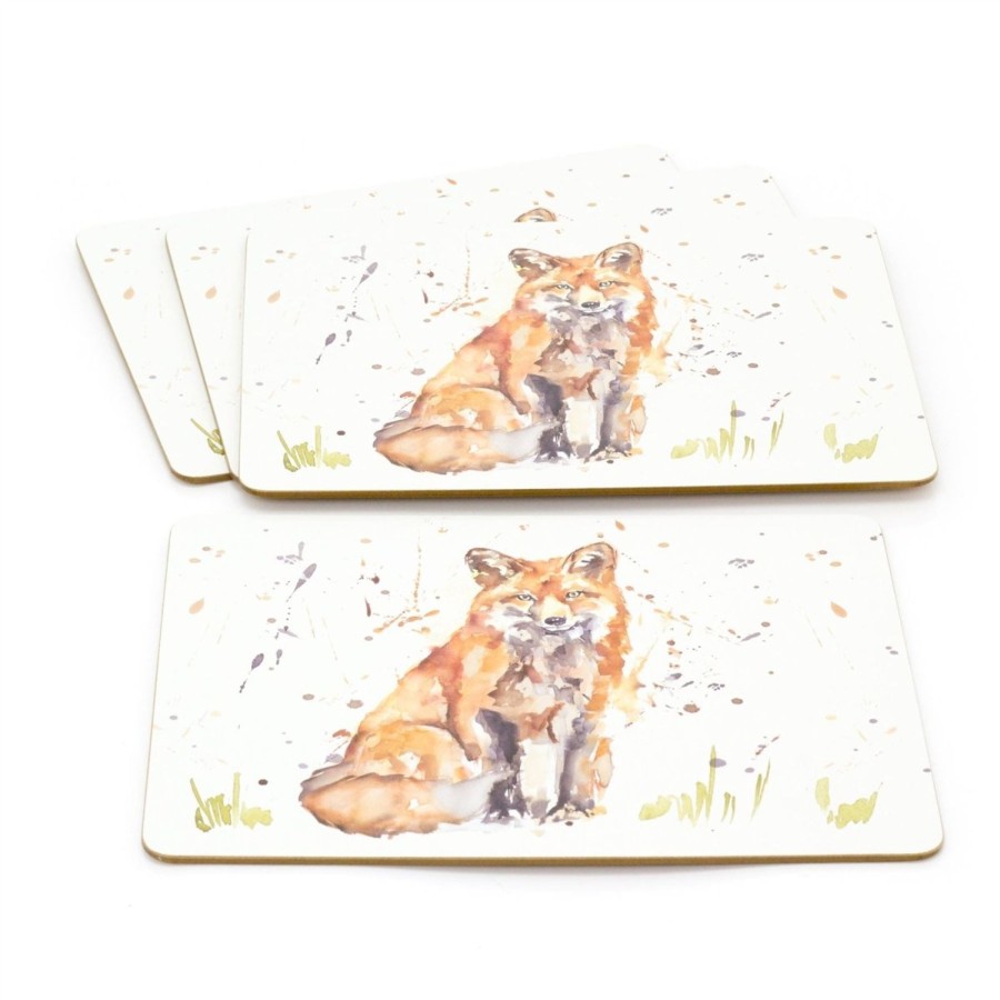 Kitchen & Dining Carousel Shop | Set Of 4 Watercolour Design Woodland Fox Table Placemats |4 Piece Animal Cork Square Dining Table Mats | Four Red Fox Wildlife Plate Mat