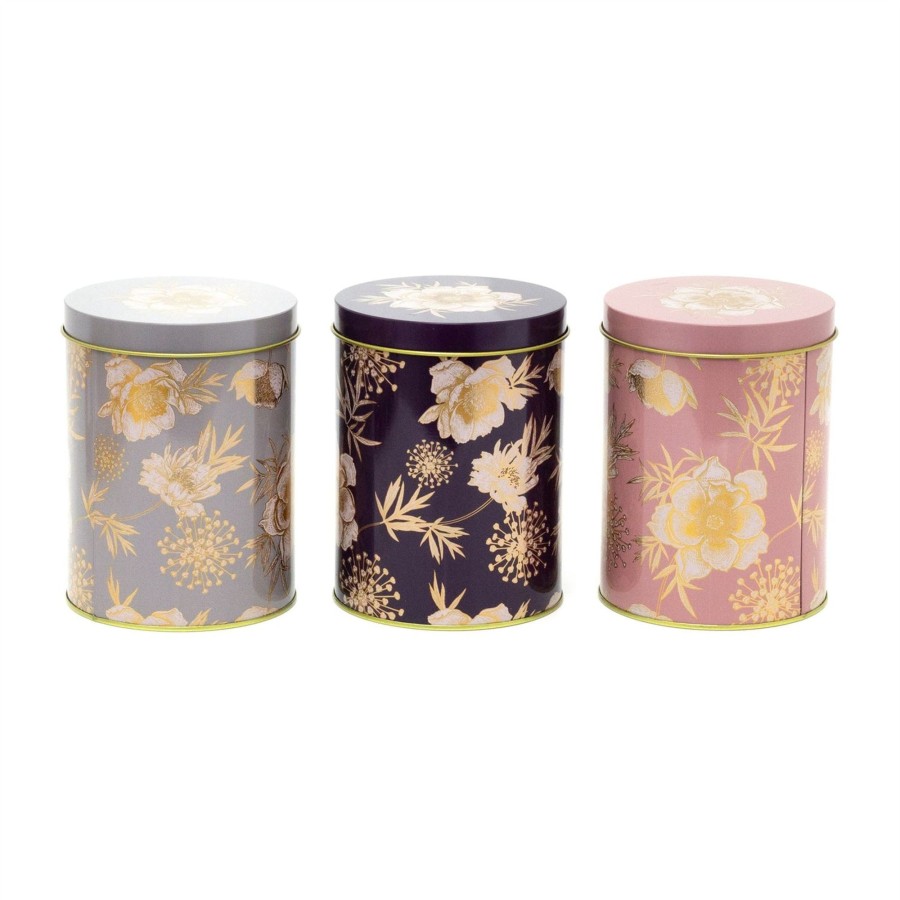 Home Accessories Carousel Shop Boxes & Baskets | 3 Piece Gold Shimmer Storage Tins | Set Of 3 Round Floral Kitchen Storage Tins