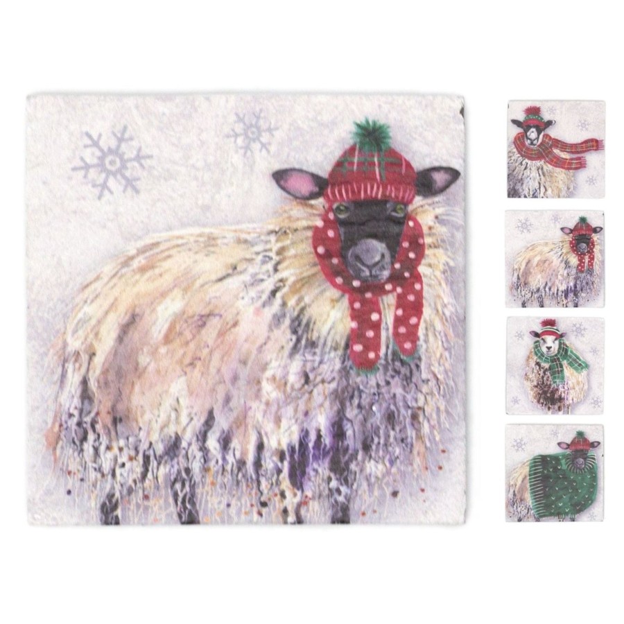 Kitchen & Dining Carousel Shop | Winter Woolly Sheep Slate Coaster | Novelty Christmas Coaster Drinks Mat | Animal Square Cup Mug Table Mats - Design Varies One Supplied