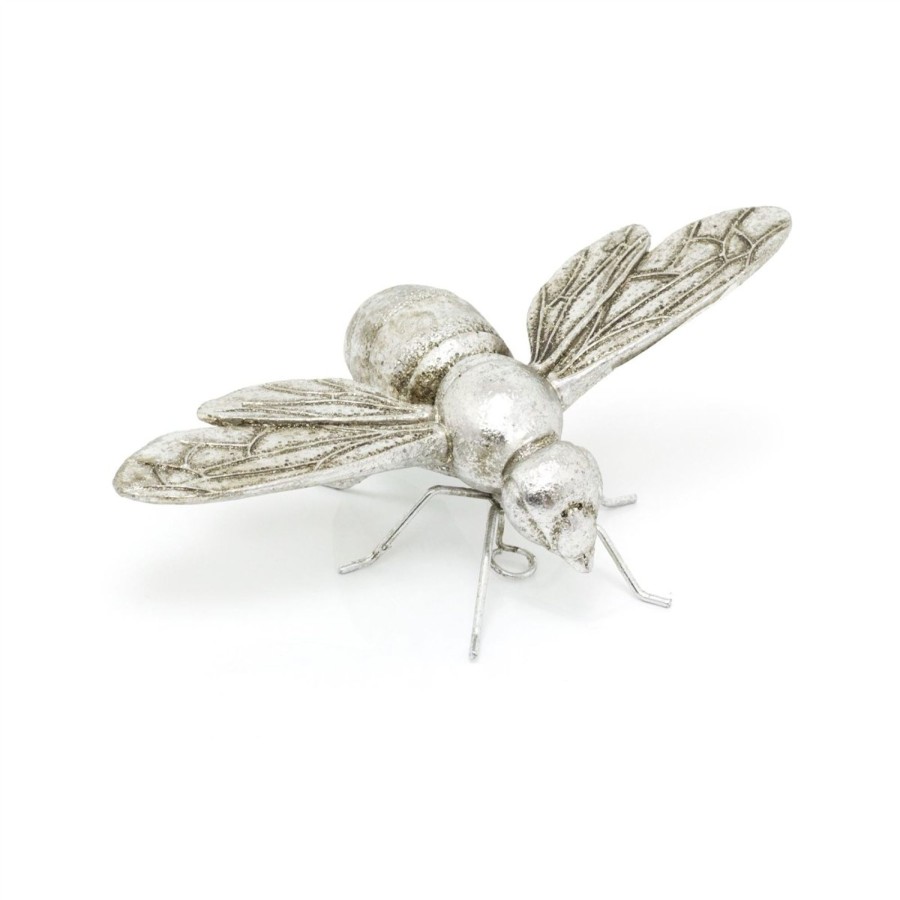 Home Accessories Carousel Shop Garden Decor | Open Wings Silver Effect Bee Garden Ornament | Indoor Outdoor Antique Style Bumble Bee Statue | Bee Sculpture Garden Wall Hanging Decorations