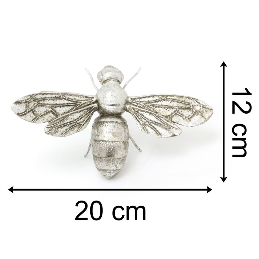 Home Accessories Carousel Shop Garden Decor | Open Wings Silver Effect Bee Garden Ornament | Indoor Outdoor Antique Style Bumble Bee Statue | Bee Sculpture Garden Wall Hanging Decorations