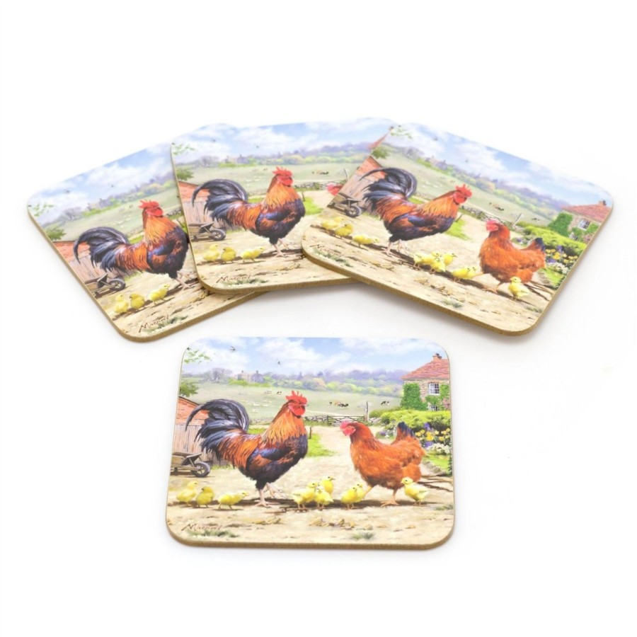 Kitchen & Dining Carousel Shop | Set Of 4 Cockerel & Hen Coasters | Country Farm Drink Coasters Set | Countryside Cup Mug Table Mats