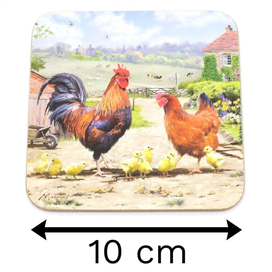 Kitchen & Dining Carousel Shop | Set Of 4 Cockerel & Hen Coasters | Country Farm Drink Coasters Set | Countryside Cup Mug Table Mats