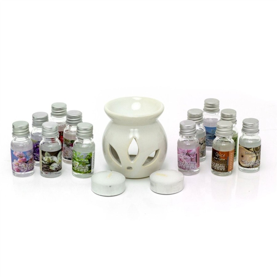 Home Accessories Carousel Shop Oil Burners & Diffusers | 15 Piece Ceramic Tea Light Essential Oil Burner Gift Set | 12 Fragrance Oils 10Ml Oil Burner 2 Tealight Candles | Tealight Holder Oil Burner With Tealights And Fragrance Oils ~ Aromatherapy Gift