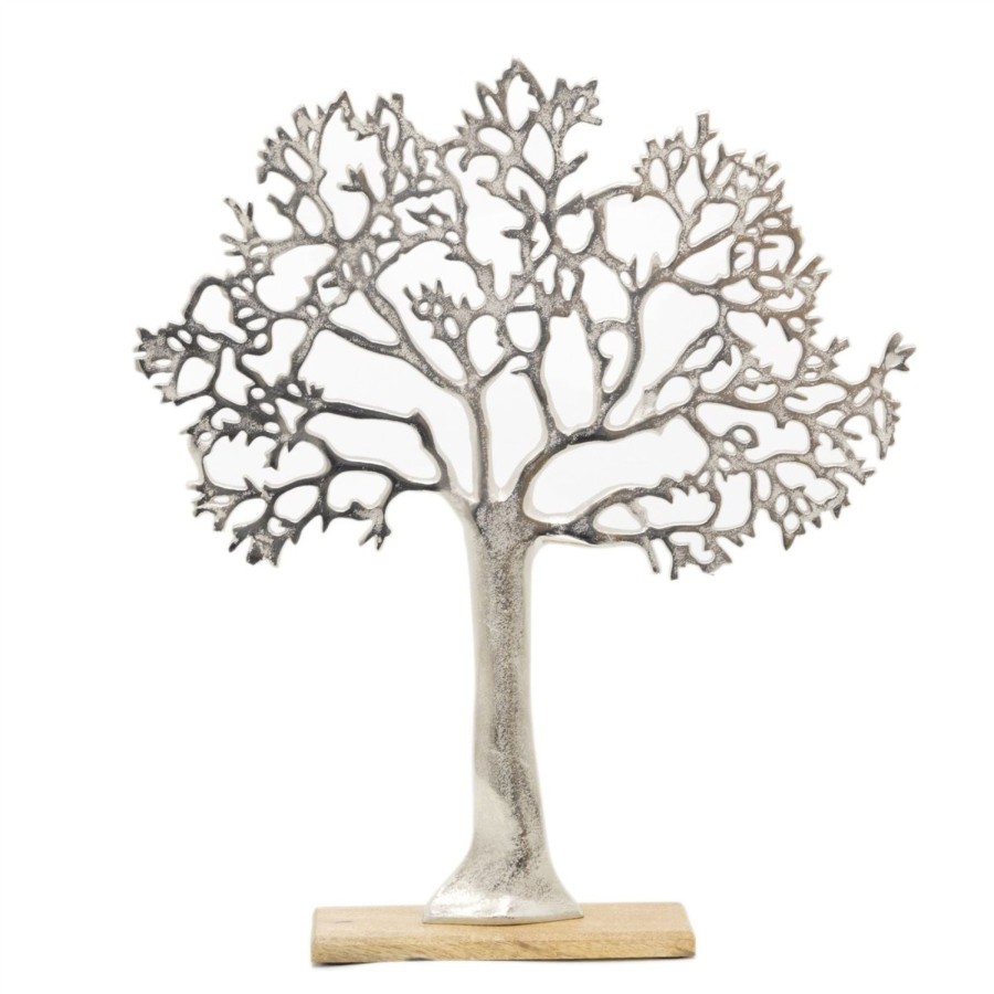 Home Accessories Carousel Shop Decorative Accessories | 63Cm Elegant Silver Tone Tree Of Life Sculpture | Extra Large Silver Metal Tree Ornament On Wooden Base | Aluminium Family Tree Wood Stand