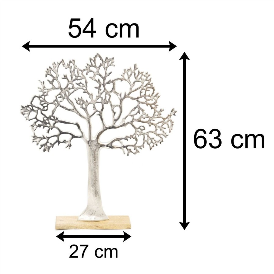 Home Accessories Carousel Shop Decorative Accessories | 63Cm Elegant Silver Tone Tree Of Life Sculpture | Extra Large Silver Metal Tree Ornament On Wooden Base | Aluminium Family Tree Wood Stand