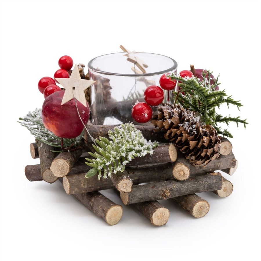 Celebrations Carousel Shop | Traditional Pinecone & Berries Wooden Christmas Wreath Tealight Candle Holder