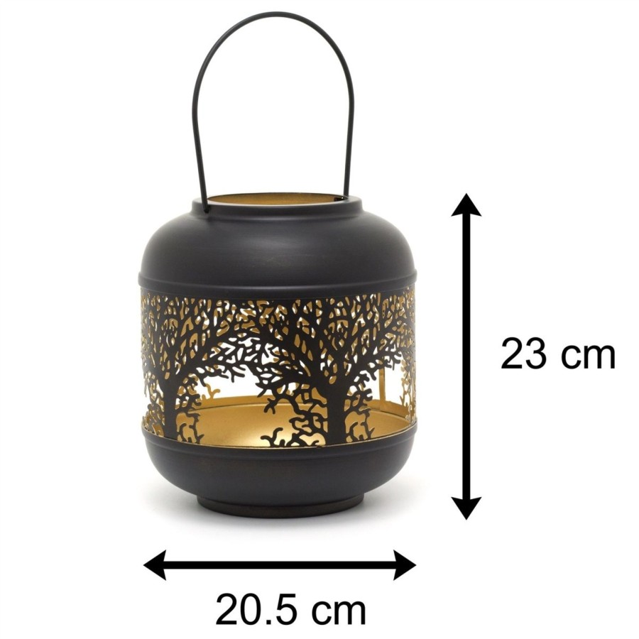 Home Accessories Carousel Shop Candlesticks, Holders & Lanterns | 22Cm Black Metal Tree Of Life Cut Out Hurricane Candle Lantern | Decorative Candle Holders For Home Garden Patio - Small