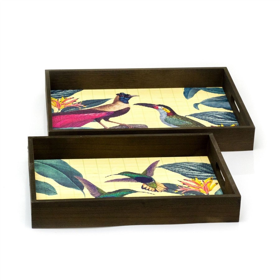 Home Accessories Carousel Shop Decorative Accessories | Stunning Set Of 2 Birds Of Paradise Decorative Trays | Rectangle Wooden Display Tray Set | 2 Piece Wooden Storage Trays With Handles