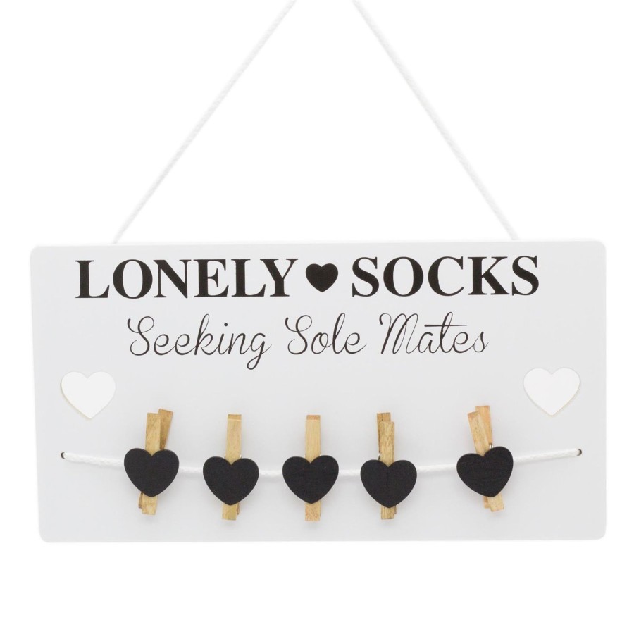 Home Accessories Carousel Shop Signs & Plaques | Humorous Lonely Socks Wooden Sign Plaque With Pegs ~ Lost Sock Organizer