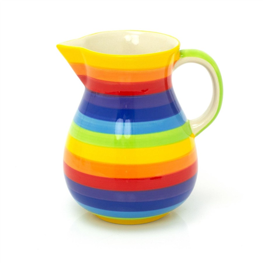 Kitchen & Dining Carousel Shop | Hand Painted Rainbow Stripe Ceramic Flower Jug Vase | Serving Jug Water Pitcher Large Milk Jug | Kitchen Jug Glazed Vase Jug For Flowers