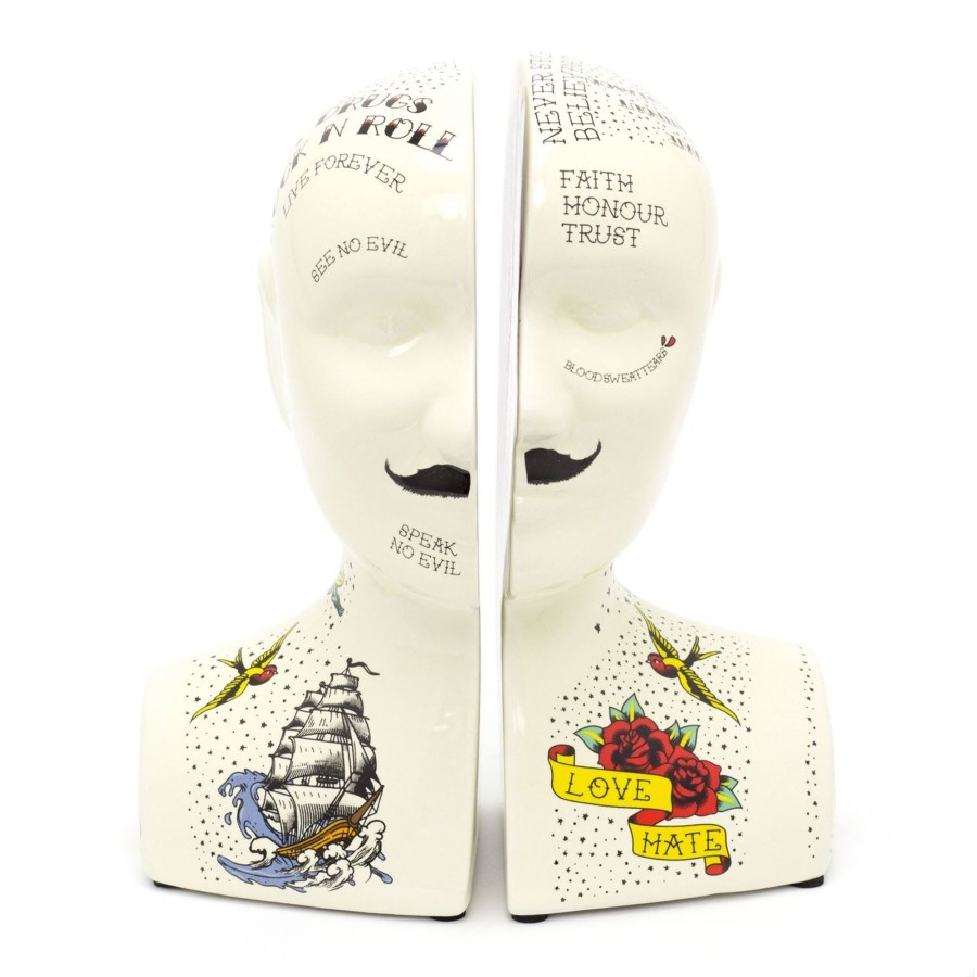 Home Accessories Carousel Shop Decorative Accessories | Novelty Ceramic Phrenology Bookends | Vintage Tattoo Head Book End Set | Statue Bust Book Stopper