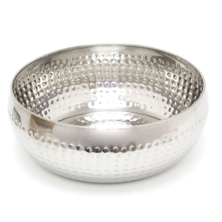 Home Accessories Carousel Shop Decorative Accessories | 24Cm Stylish Silver Metal Kitchen Fruit Bowl | Round Stainless Steel Display Dish With Hammered Detail | Snack Bowl