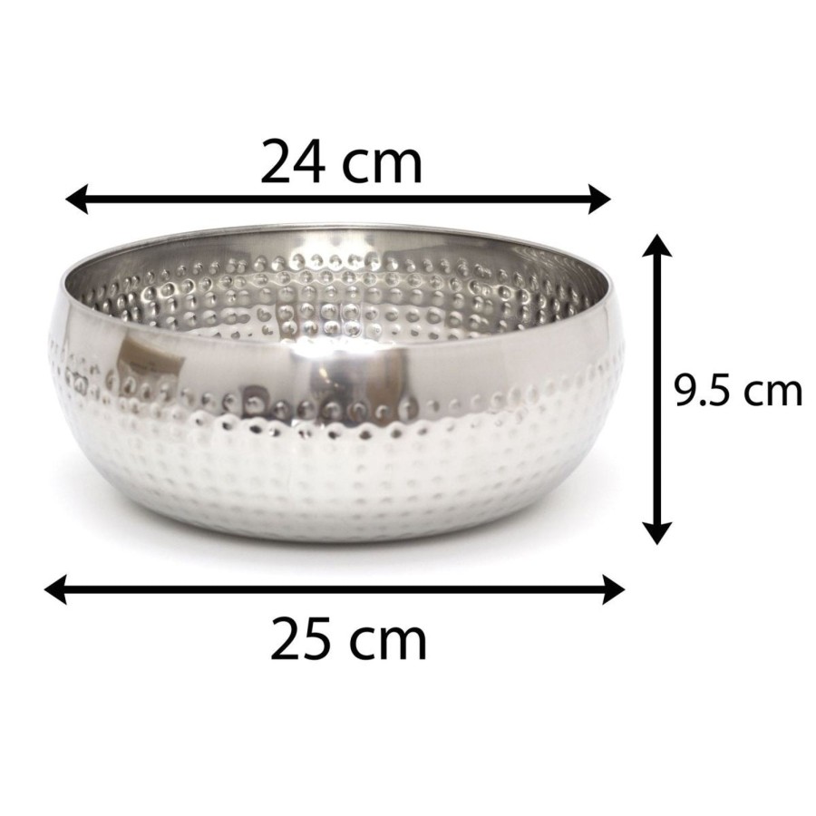 Home Accessories Carousel Shop Decorative Accessories | 24Cm Stylish Silver Metal Kitchen Fruit Bowl | Round Stainless Steel Display Dish With Hammered Detail | Snack Bowl