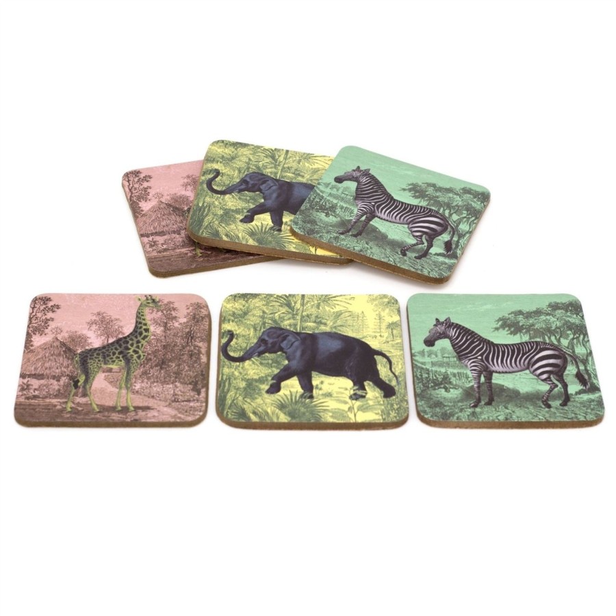 Kitchen & Dining Carousel Shop | Set Of 6 Safari Animal Coasters | Jungle Wildlife Silhouette Drink Coasters Set | Retro Cup Mug Table Mats