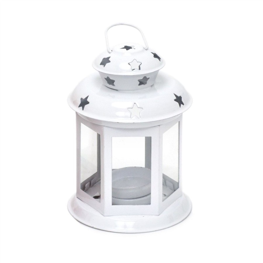 Home Accessories Carousel Shop Candlesticks, Holders & Lanterns | 13Cm Metal Lantern Tealight Holder | Hanging Outdoor Indoor Tea Light Lantern | Star Tealight Candle Holder - White