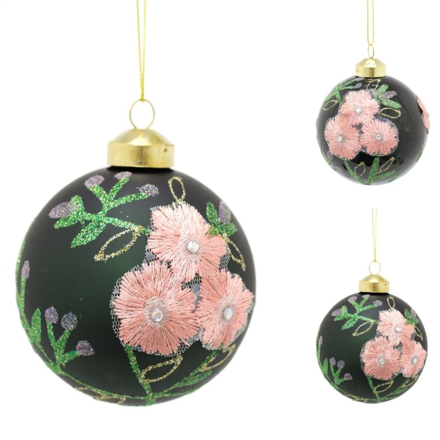 Celebrations Carousel Shop | 8Cm Embroidered Floral Christmas Bauble | Green Glitter Christmas Ball Tree Decorations | Xmas Bauble Christmas Decor - Design Varies One Supplied